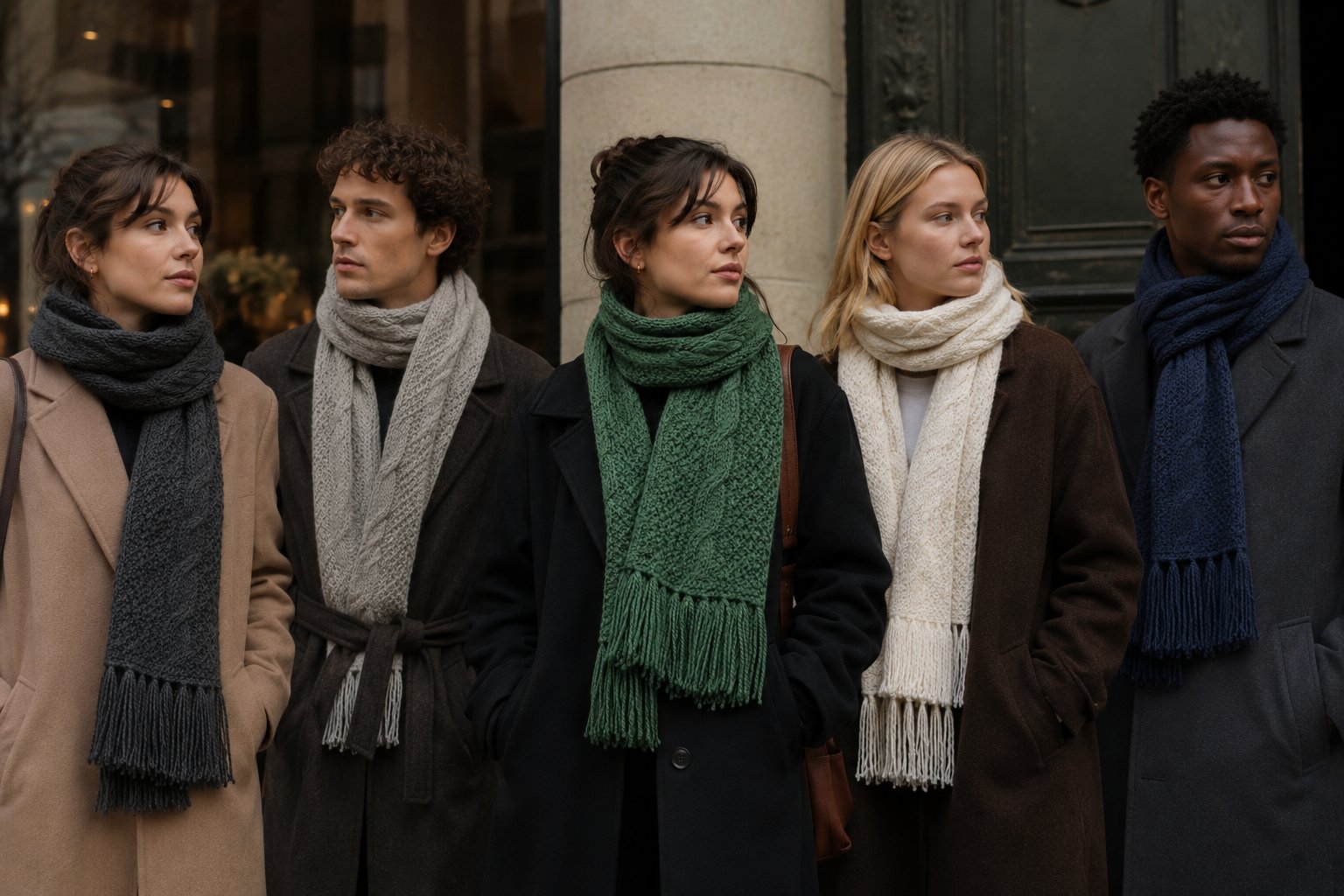 Five people wearing Manos and Fell handknitted alpaca scarves
